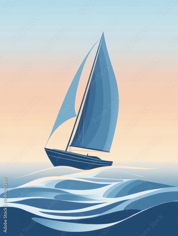 Poster a sailboat navigates smoothly across gentle waves as the sun sets, creating a tranquil atmosphere on