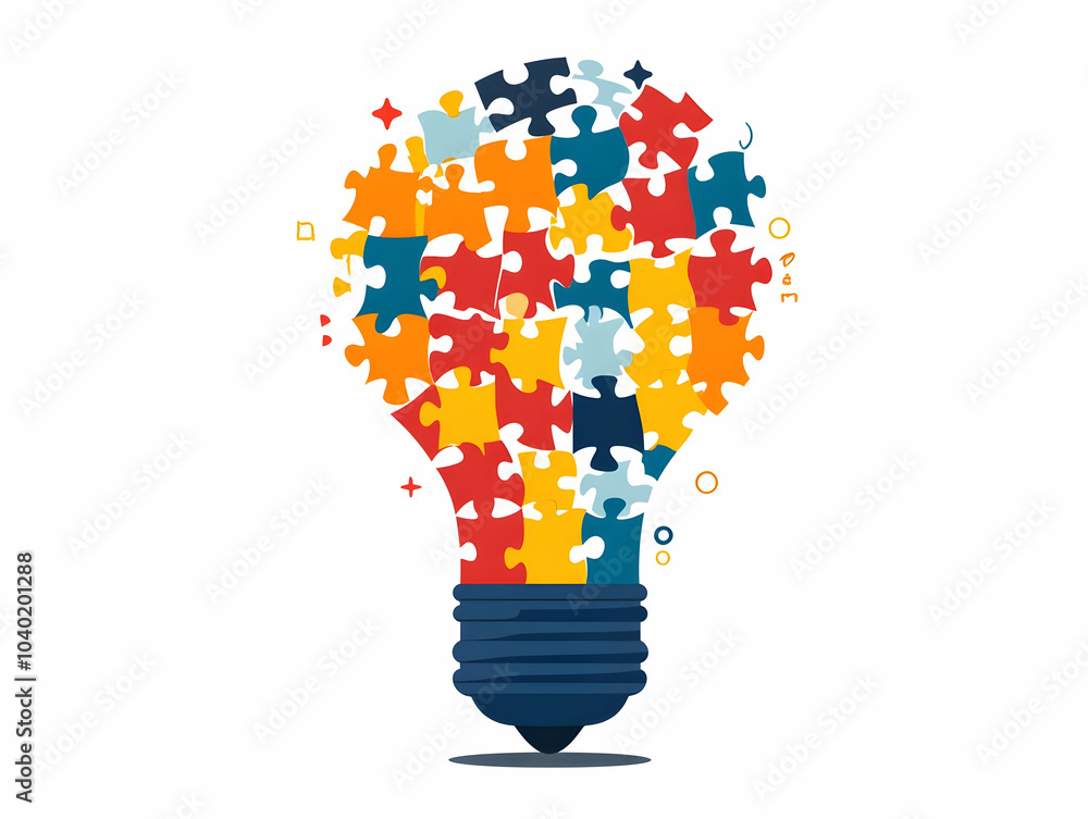 Poster flat lightbulb with puzzle pieces concept vector illustration - innovative solutions collaborative p