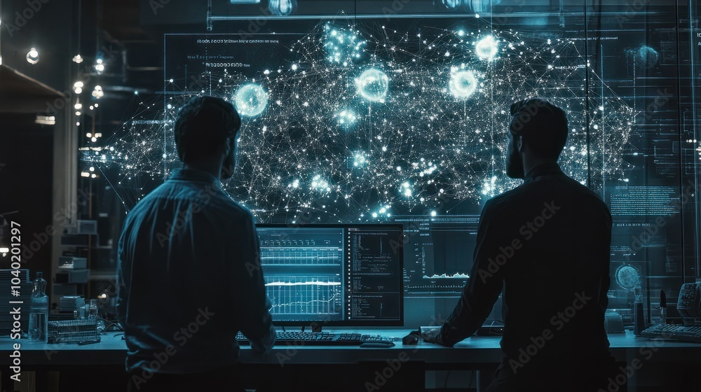 Poster two men are looking at a computer screen with a lot of numbers and lines