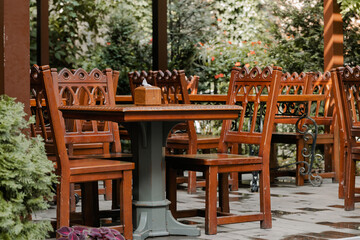 outdoor spring loft patio restaurant wooden old school furniture chairs and table for people acceptance