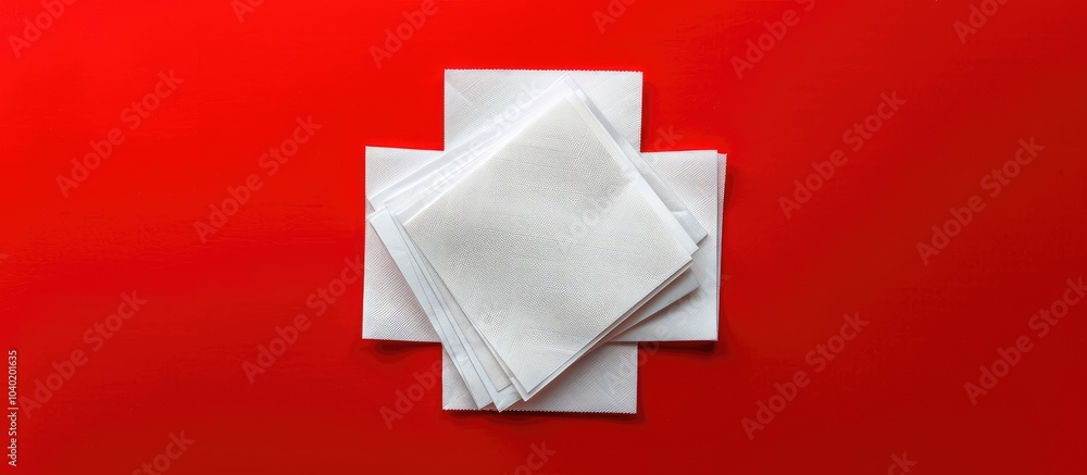 Poster top view of white paper napkins on a red backdrop with copy space image
