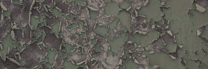 Peeling paint on the wall. Panorama of a concrete wall with old cracked flaking paint. Weathered rough painted surface with patterns of cracks and peeling. Wide panoramic grungy texture for background
