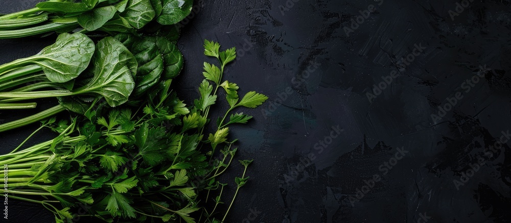 Poster beta vulgaris vegetable on a table with herb stalks set against a black background in a top view sho