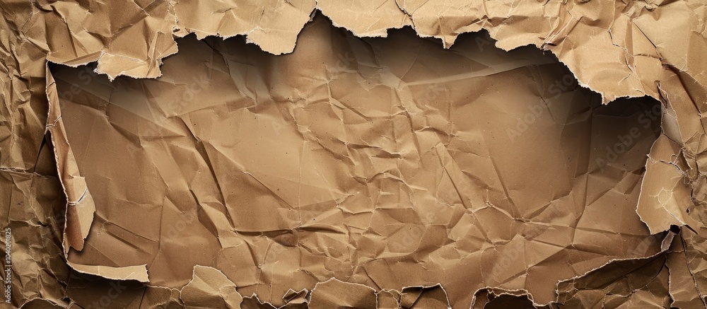 Poster crafty torn brown paper frame on a backdrop for content or promotion with a square cutout for a copy