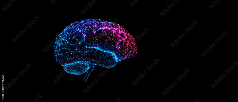 Poster abstract digital brain with neon lights artificial intelligence concept, abstract digital brain with