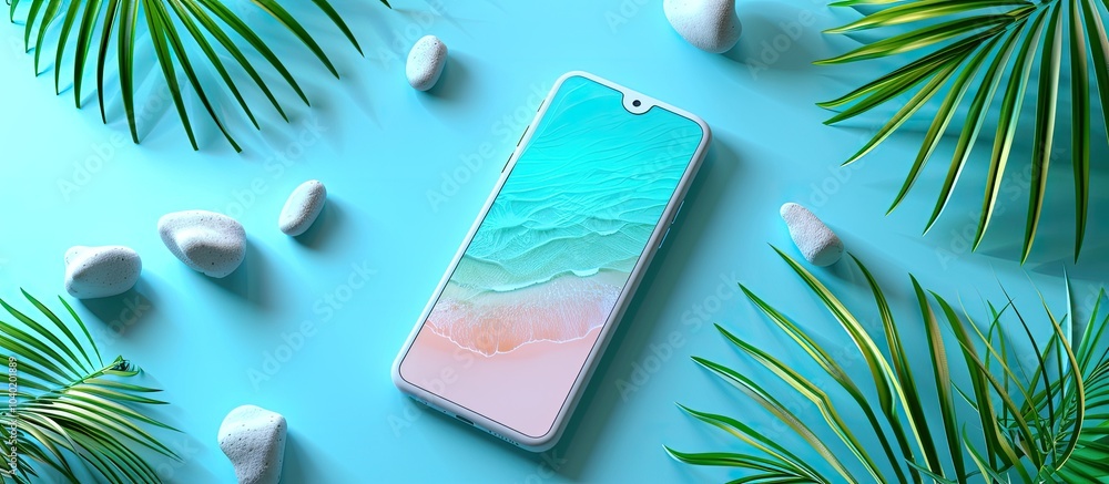 Poster summer themed smartphone mockup template featuring a perspective view and ample copy space image for