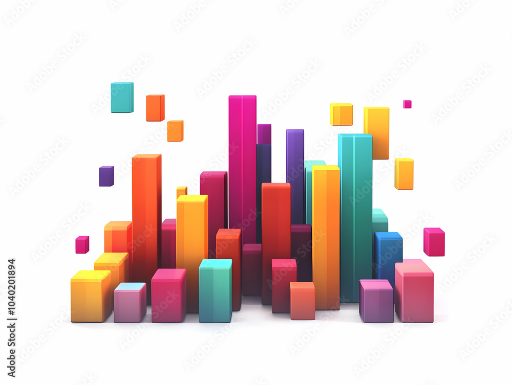 Poster flat rising bar chart made of floating cubes isolated on white background - dynamic vector illustrat