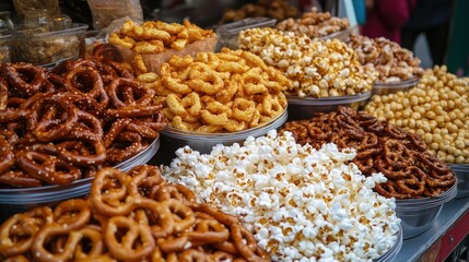 Fototapeta premium A variety of street festival snacks, from popcorn to pretzels, displayed with a blank space for text