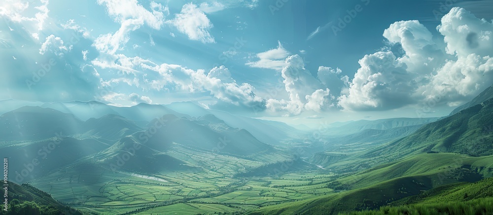 Poster scenic view of fields and mountains from the mountain top under a cloudy blue sky with ample copy sp