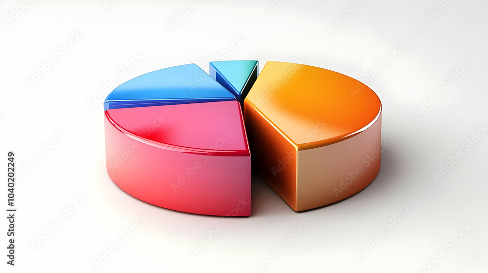 Poster 3d pie chart animation dolly shot over plain surface, metallic chart rotates showing market share di