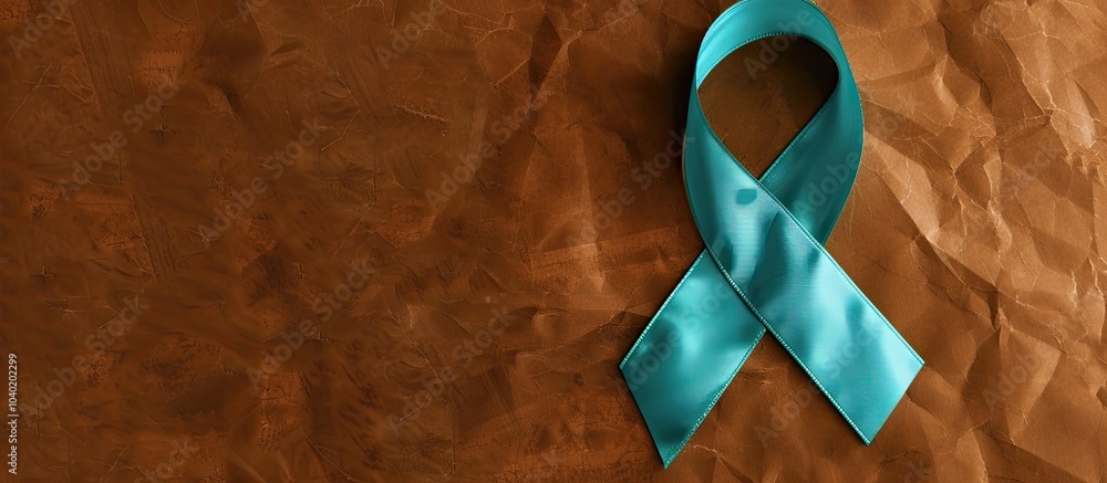 Poster top view of a turquoise awareness ribbon against a brown background with a designated area for text 