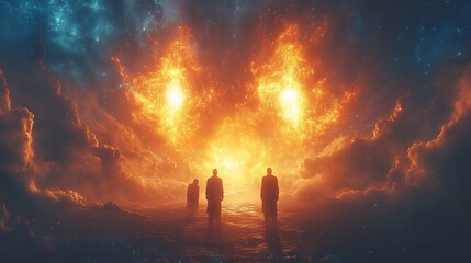 Fototapeta premium Watchers revealing cosmic secrets glowing symbols float between their hands they share divine knowledge with humans a scene of awe and spiritual energy permeates the air