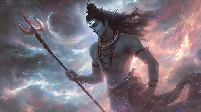 Lord Shiva an Indian God holding a trident and is surrounded by a fierce cosmic energy. AI	