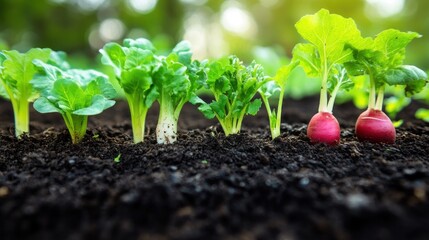 Young Radishes and Greens Growing in the Garden
