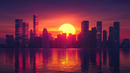 Fototapeta premium Golden sunset casting vibrant reflections over a tranquil city skyline along the water\'s edge