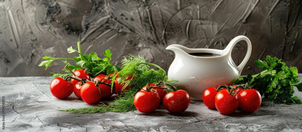 Poster on a gray textured table a gravy boat holds balsamic vinegar surrounded by tomatoes parsley and dill
