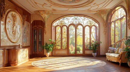Obraz premium Elegant sunlit room with ornate decor and garden view