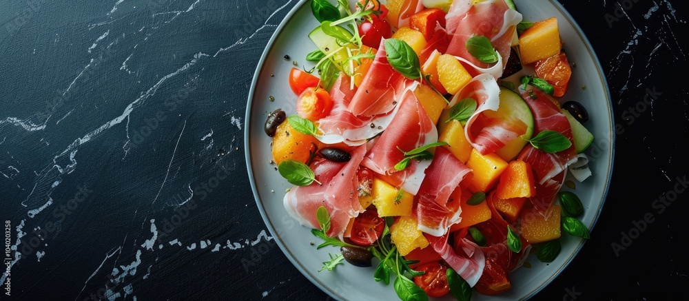 Poster top down view of a prosciutto and melon salad on a plate against a black backdrop with space for tex