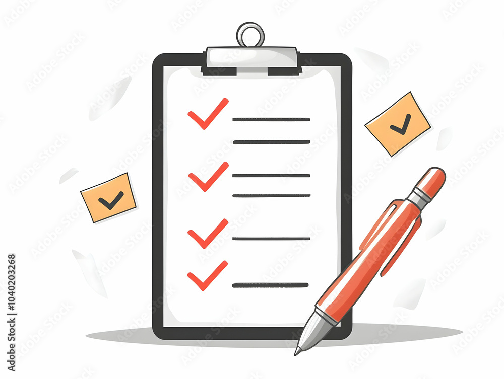 Poster flat floating checklist pen compliance auditing vector illustration checkmarks business verification