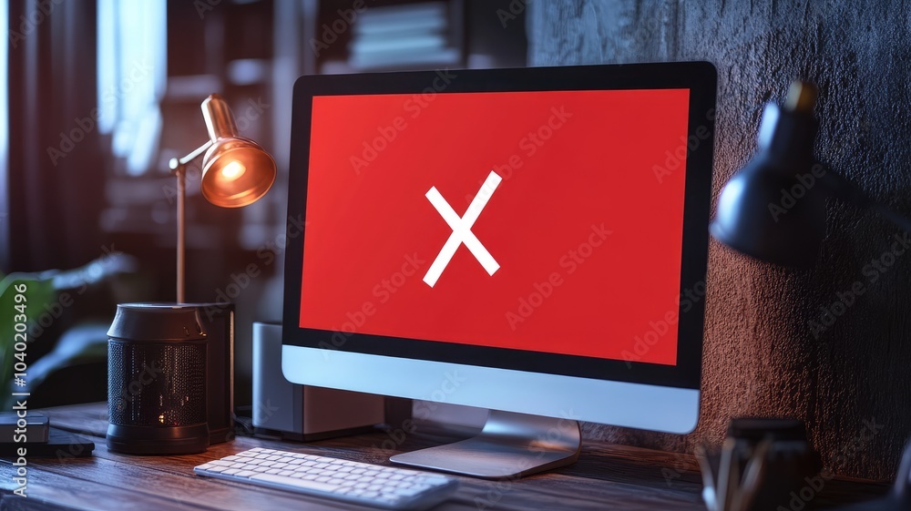 Poster computer screen with red error message, desk lamp, and bookshelf
