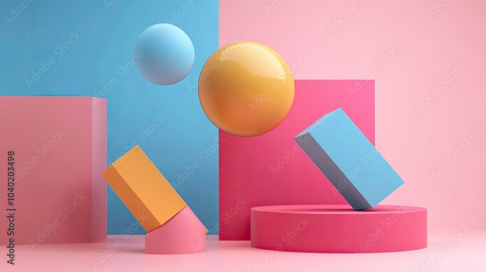 Poster abstract 3d geometric shapes floating in a minimalist background, perfect for adding copy
