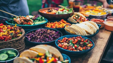 Fototapeta premium A variety of vibrant street festival foods like tacos and sliders, with ample space for copy