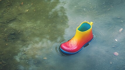 Colorful rain boot floating in water puddle