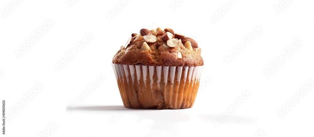 Poster a muffin topped with almonds stands alone against a white backdrop with defined edges for easy extra