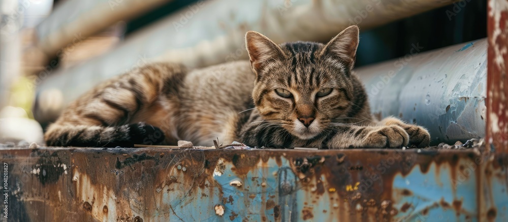 Poster a cat lounging in the empty space amidst structures with available copy space image