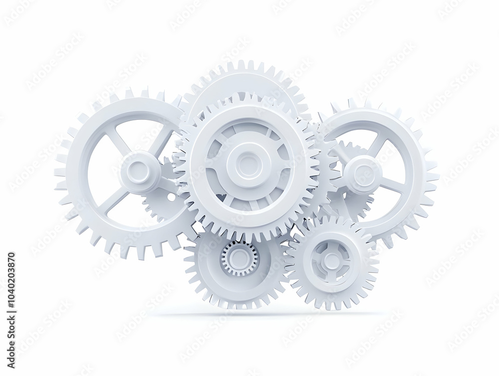 Poster flat floating white gears concept close-up interlocking midair emphasizing mental processes cognitiv