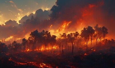 Naklejka premium Intense Wildfire Blaze in Forest at Sunset