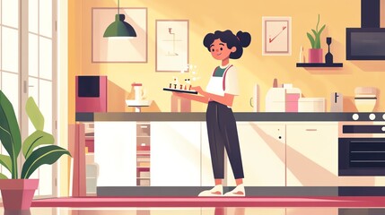 Woman serving dessert in a modern kitchen, cheerful atmosphere, bright colors.