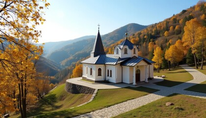 Fototapeta premium Tranquil church nestled amidst autumns embrace