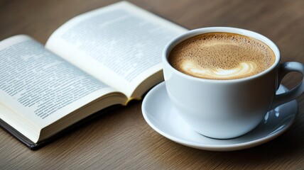 Open book beside cappuccino cup on wooden table