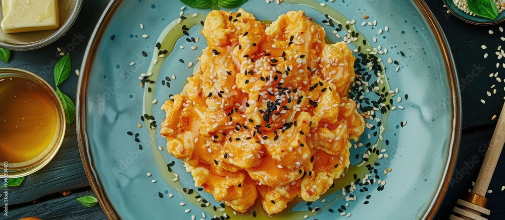 Poster close up image featuring a blue plate with scrambled eggs in tomato sauce accompanied by butter hone