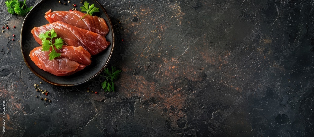 Aufkleber copy space image of raw duck tongue dark background top view