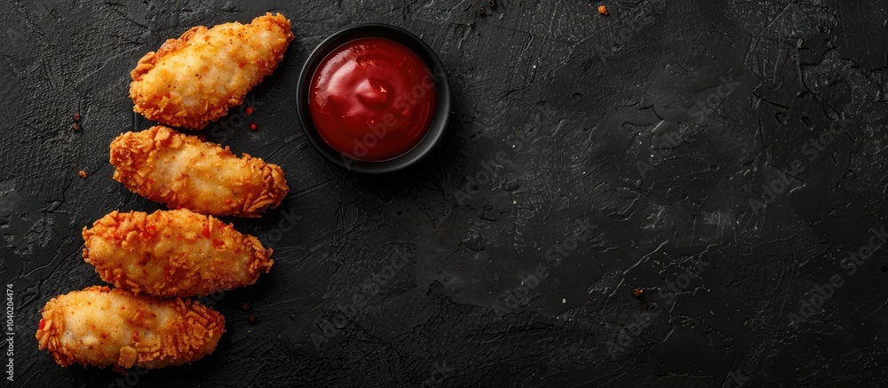 Aufkleber chicken tenders dipped in breadcrumbs served with ketchup on a black backdrop shot from above with s