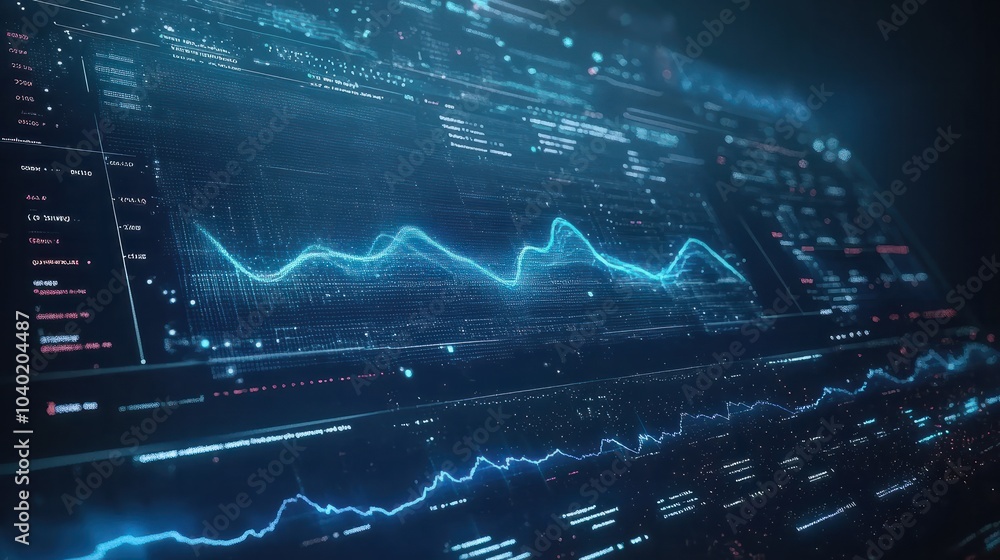 Poster visual data screen, data table, stereoscopic data chart, blue background. generative ai.