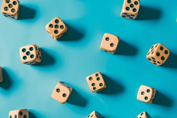 A vibrant array of wooden dice erupting in chaotic motion across a lively blue surface, capturing the essence of playful gamble and chance