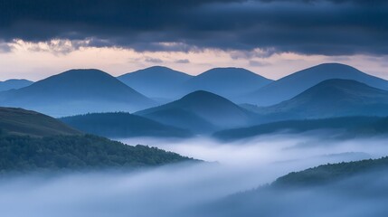 Misty mountain range with a dramatic sky and rolling hills, with a layer of fog in the valleys.