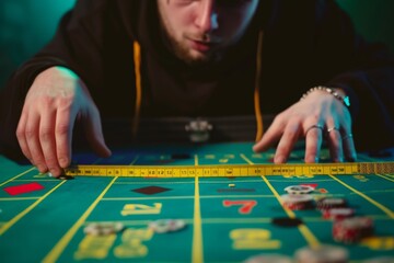 An upset man measuring his losses at a chaotic roulette table in a casino, facing the harsh realities of gambling addiction