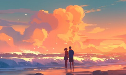 Obraz premium Couple Enjoying Sunset on a Serene Beach