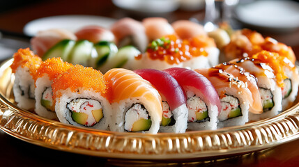 A stunning sushi platter showcases colorful rolls and fresh ingredients, ideal for sharing