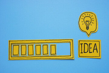 Progress bar of idea and bulb. Creativity development and innovation process.