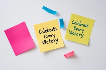 Two yellow sticky notes display 'Celebrate Every Victory,' promoting a message of appreciation and joy, with colorful ribbons nearby on a plain, soft background.