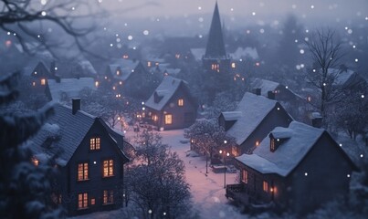 Fototapeta premium Snowy Village at Night with Warm Glowing Windows