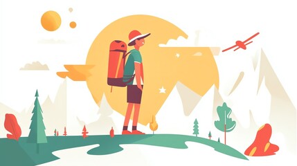 Fototapeta premium A traveler stands in nature, gazing at mountains under a bright sun.