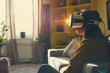 Young creative female explores a vibrant digital universe with a virtual reality headset in her cozy home environment