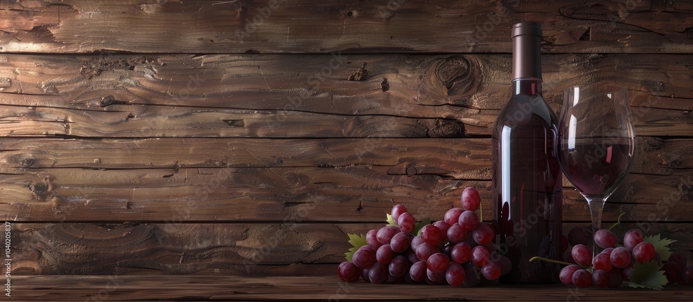 Poster red wine bottle displayed with grapes and a glass on a rustic wooden background creating a charming 