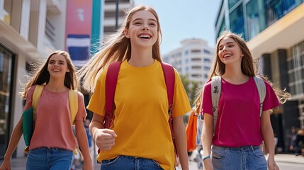 Obraz premium Happy Teens Strolling in Trendy City Street